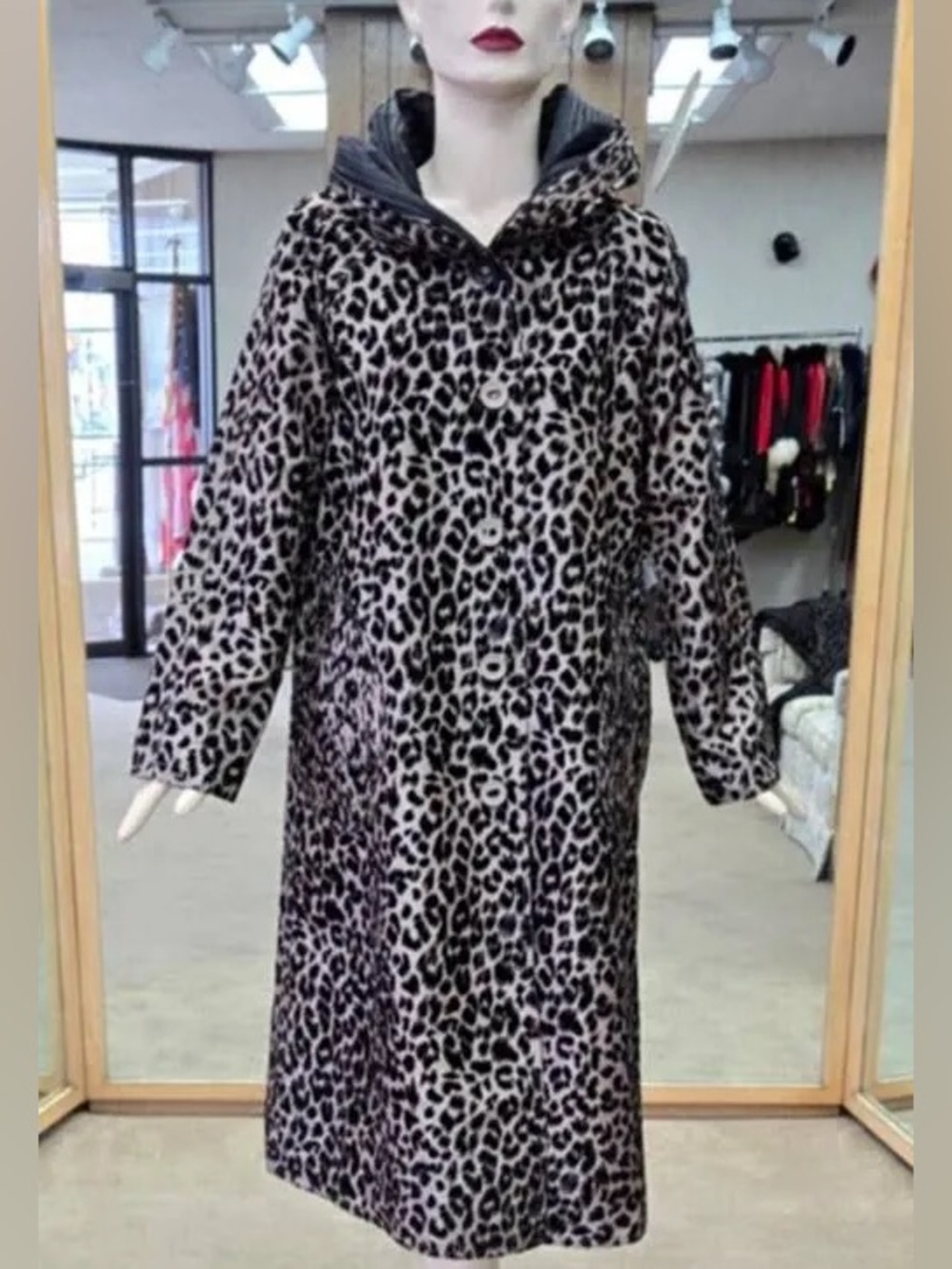 UBU Clothing Reversible Parisian Raincoat Size L NWT Leopard Print Black Hooded